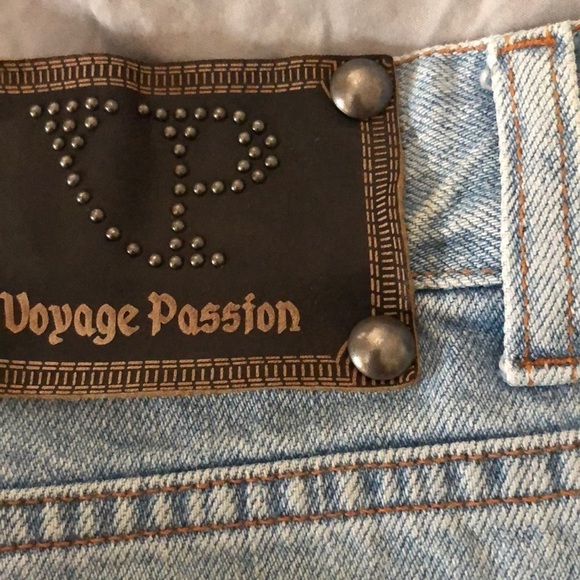 Roberto Cavalli Jeans size 32 blue button front Palm tree appliqué frayed hem - Picture 12 of 16